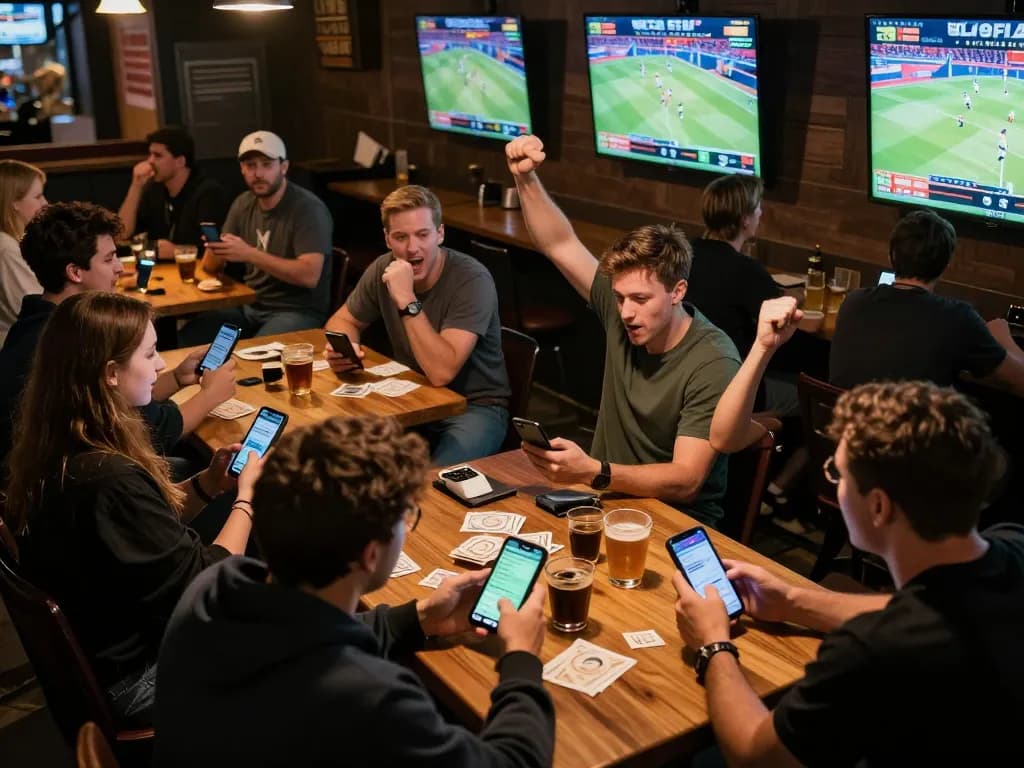 Betting on jun88 app while enjoying a lively sports event atmosphere in a packed bar.