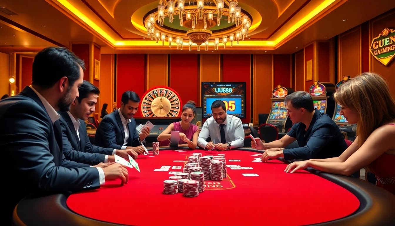 UU88 players enjoy a thrilling poker game with vibrant chips and a glamorous casino atmosphere.