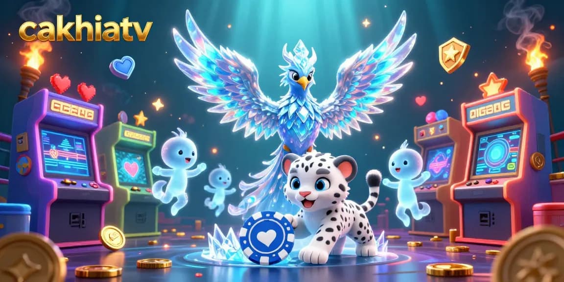 Engage with cakhiatv's vibrant gaming scene featuring a mystical phoenix, poker chip, and colorful arcade elements.