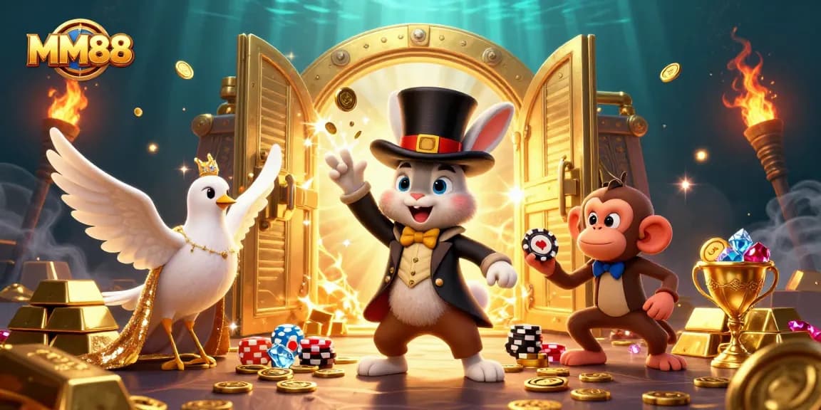 Experience winning moments at MM88 with a lively illustration featuring magical themes and casino elements.