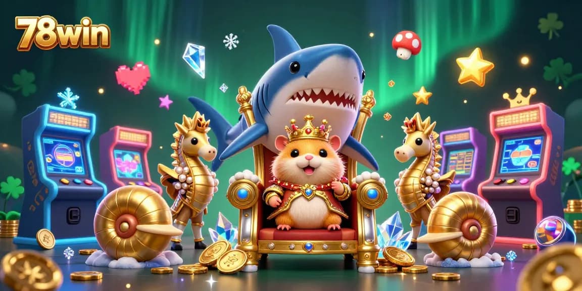 Join the fierce hamster king on his megalodon throne at 78win, surrounded by dynamic gaming elements.