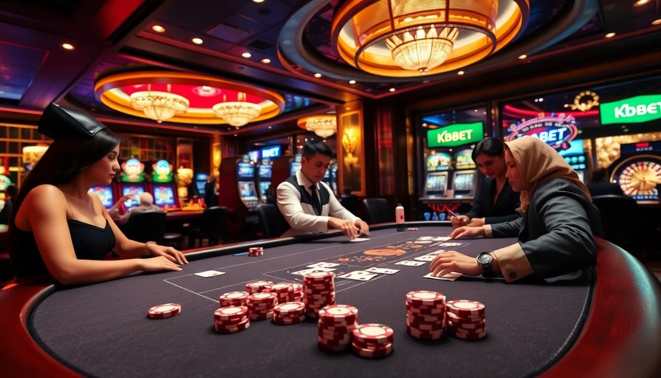 KBBET gaming table action amidst a vibrant and lively casino atmosphere.