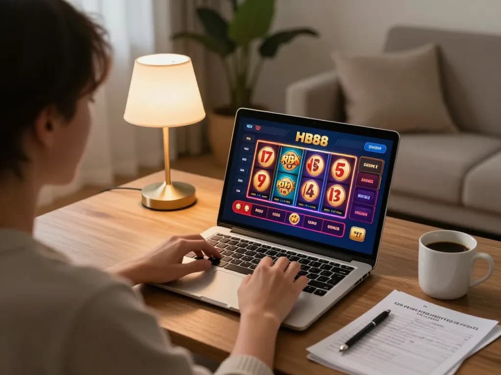 Enjoying online gaming at HB88 with a laptop, strategy notes, and a cozy atmosphere.