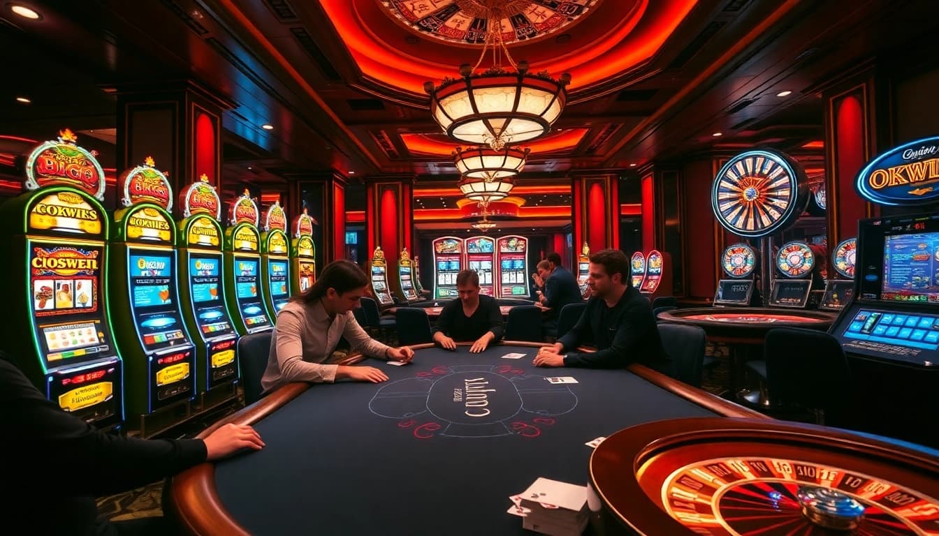 Players enjoying an intense moment in an okwin casino, highlighting poker and slot machines.