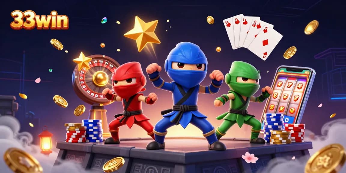 Experience winning thrills with 33win as energetic chameleons engage in martial arts amidst a vibrant casino scene.