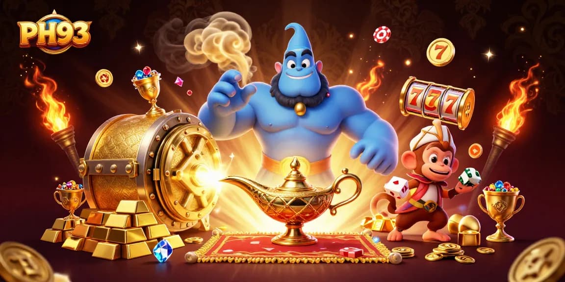 Engage in thrilling gaming at PH33 with a 3D visualization of a genie, monkey, and magical elements.