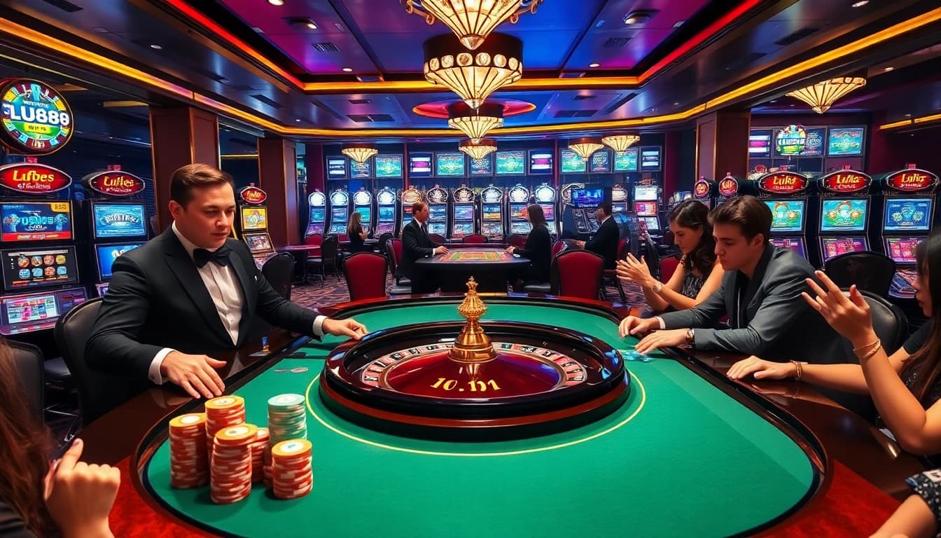 Experience the thrill of LU88 at a stylish casino table with vibrant roulette chips.