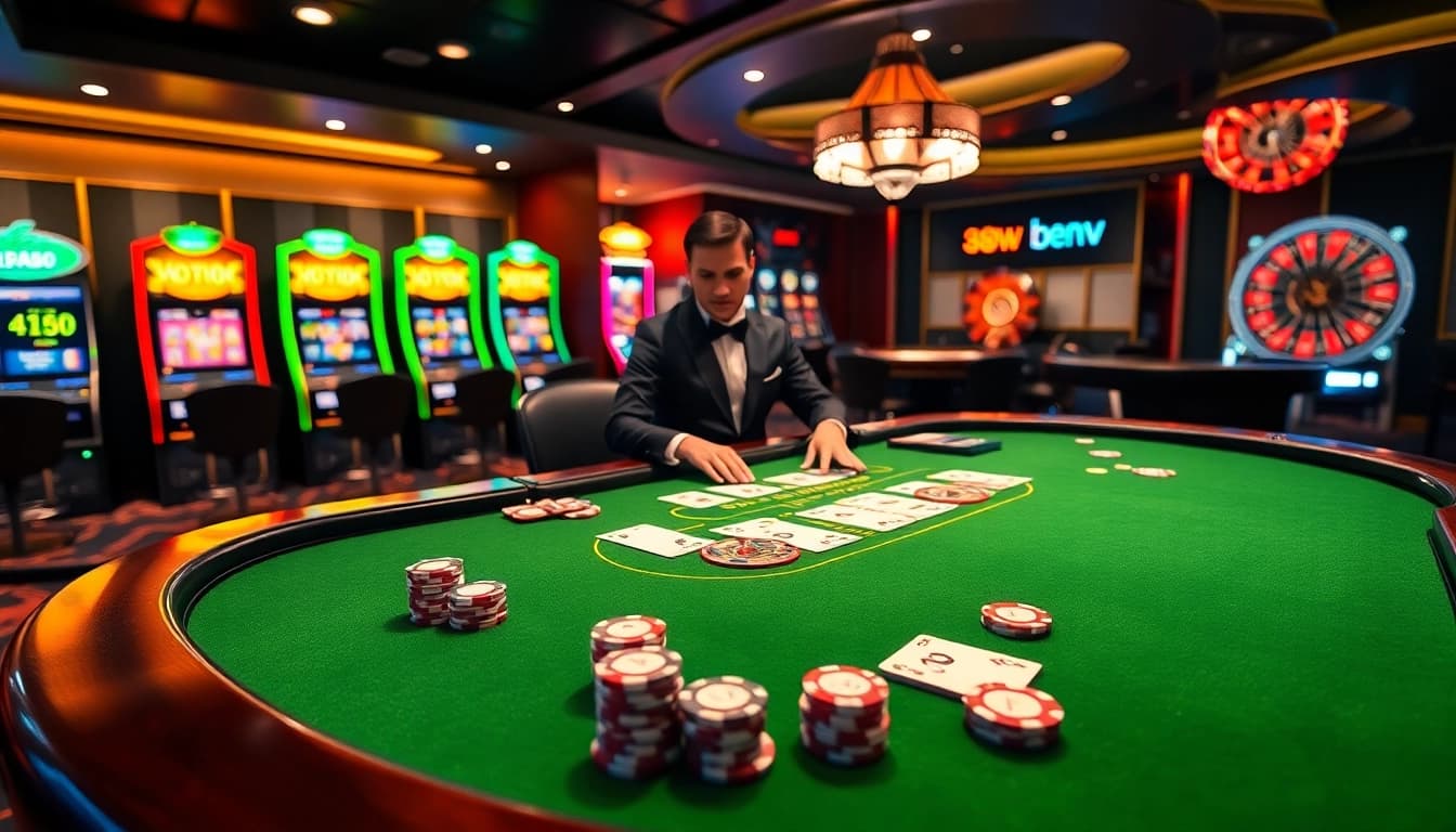 An intense blackjack game at 888new with shining cards and colorful poker chips inviting players to engage.