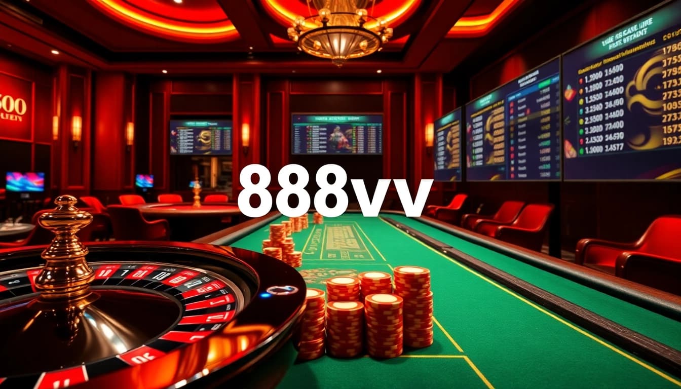 Experience the excitement of 88vv with vibrant online gambling visuals including roulette and poker chips.