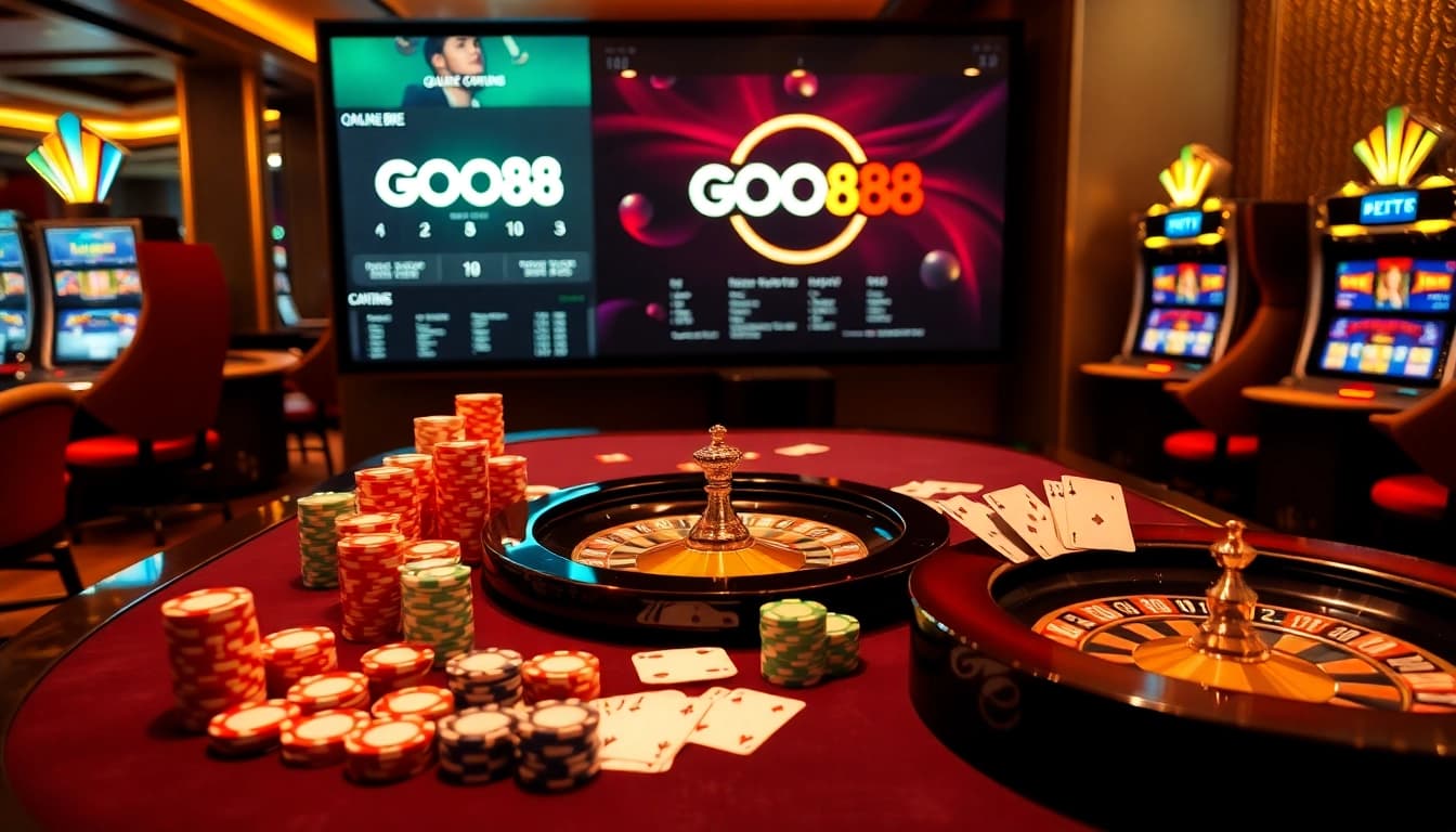 Engaging scene of GOOD88 casino with poker chips and a roulette wheel.