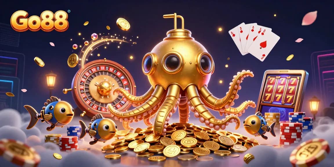 Experience the thrill of Go88 with a dynamic scene of a kraken submarine amidst cascading golden coins and vibrant casino elements.