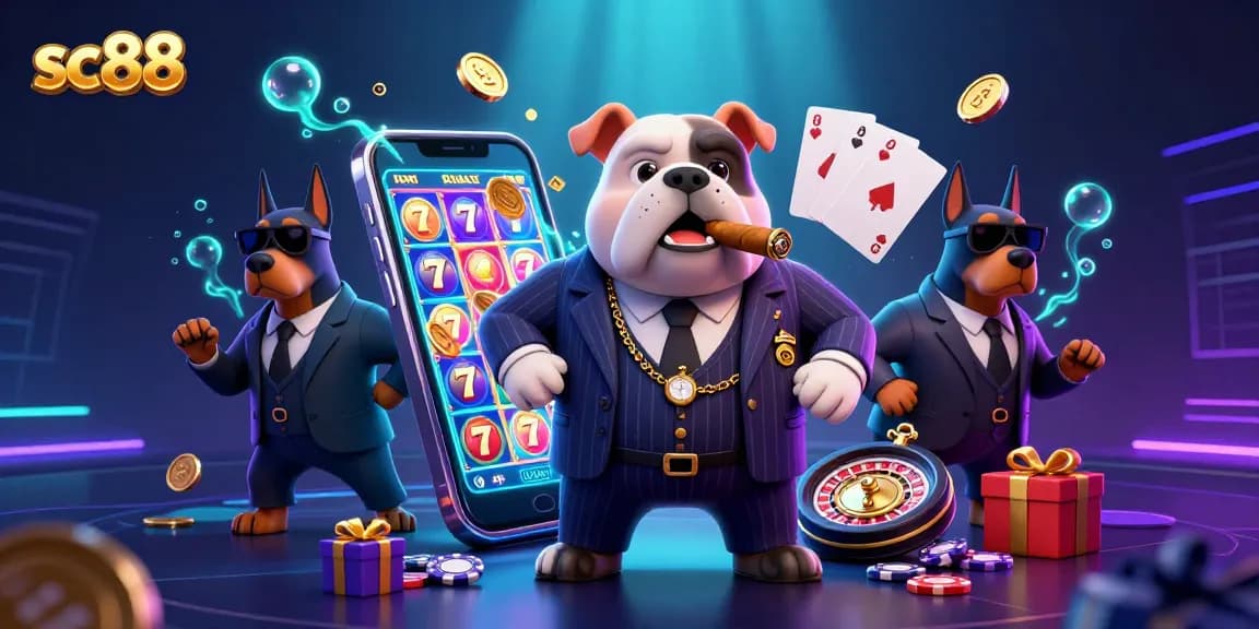 Experience sc88 excitement with a vibrant casino illustration featuring a mafia boss and dynamic game elements.
