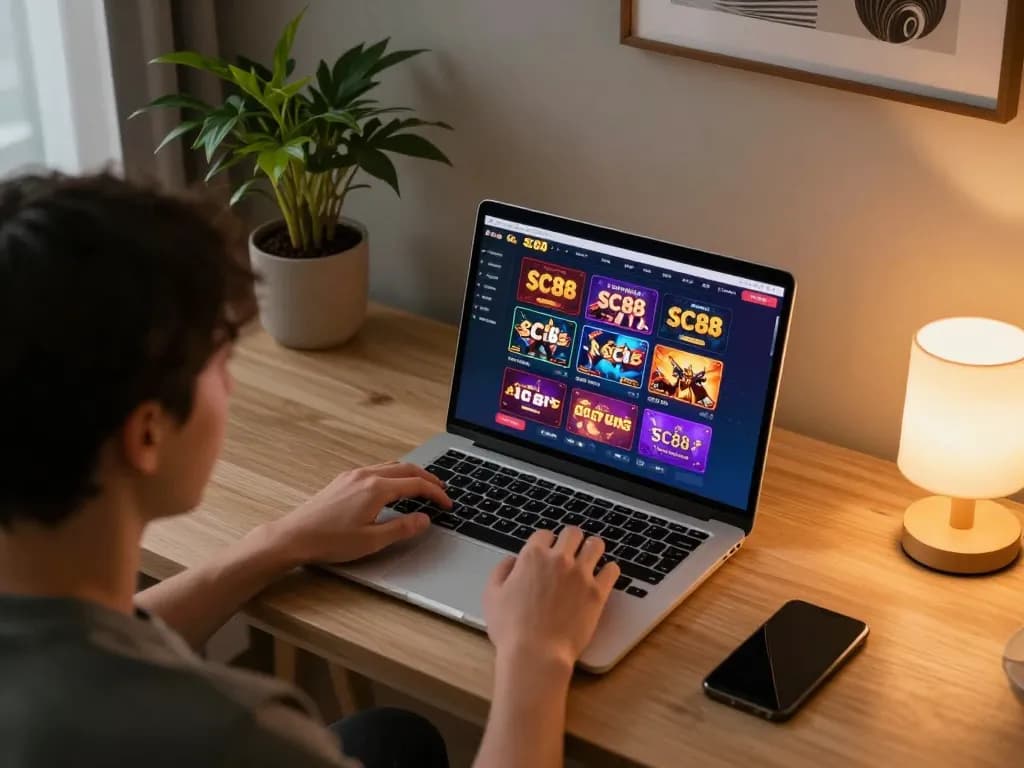 Player enjoying trò chơi sc88 on a stylish laptop, highlighting modern home gaming experience.