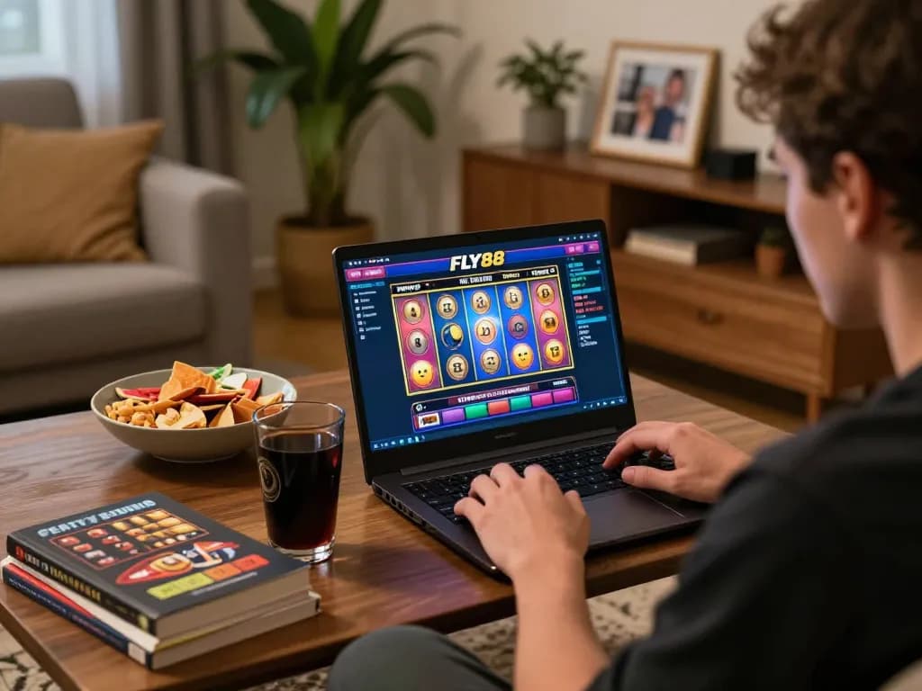 Engaging online gaming moment on FLY88 with vibrant slot reels displayed, showcasing a cozy home setup