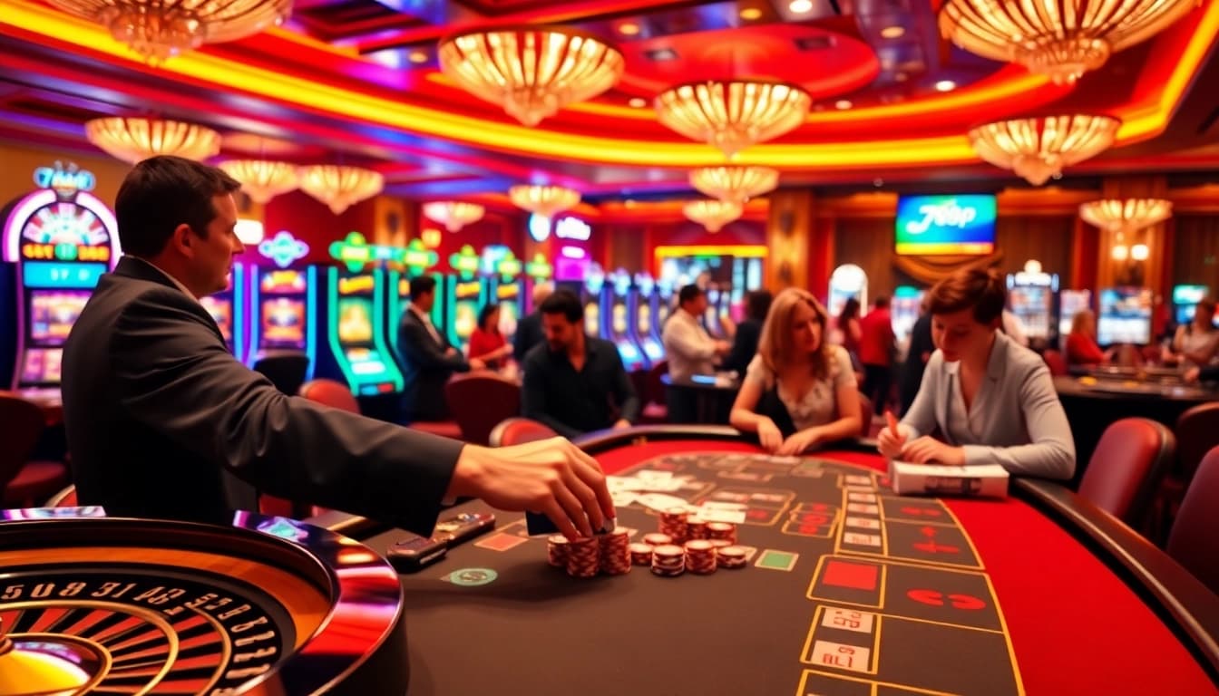 Poker players enjoying a thrilling game at 789p casino with vibrant slot machines in the background.