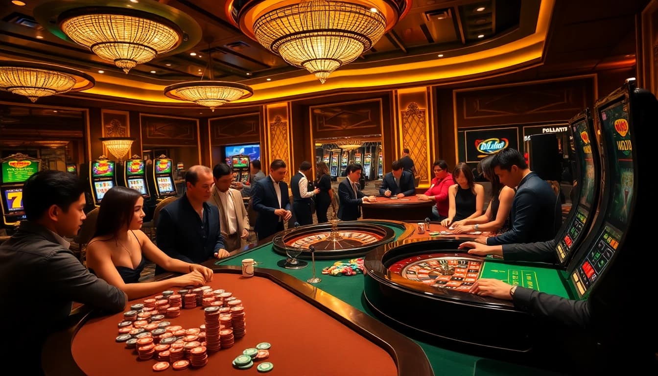 Players enjoying thrilling casino games at https://go8.chat/ with vibrant slot machines and poker tables.