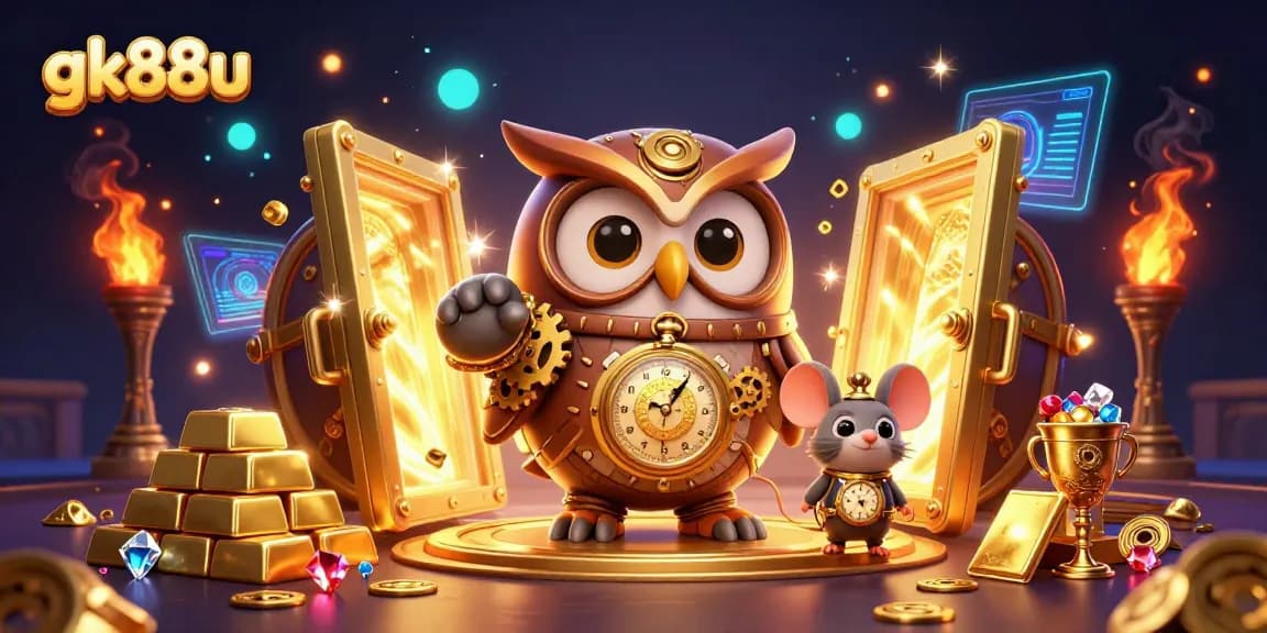 Engage with thrilling opportunities at gk88u, featuring a whimsical owl in steampunk gear amid dazzling casino treasures.