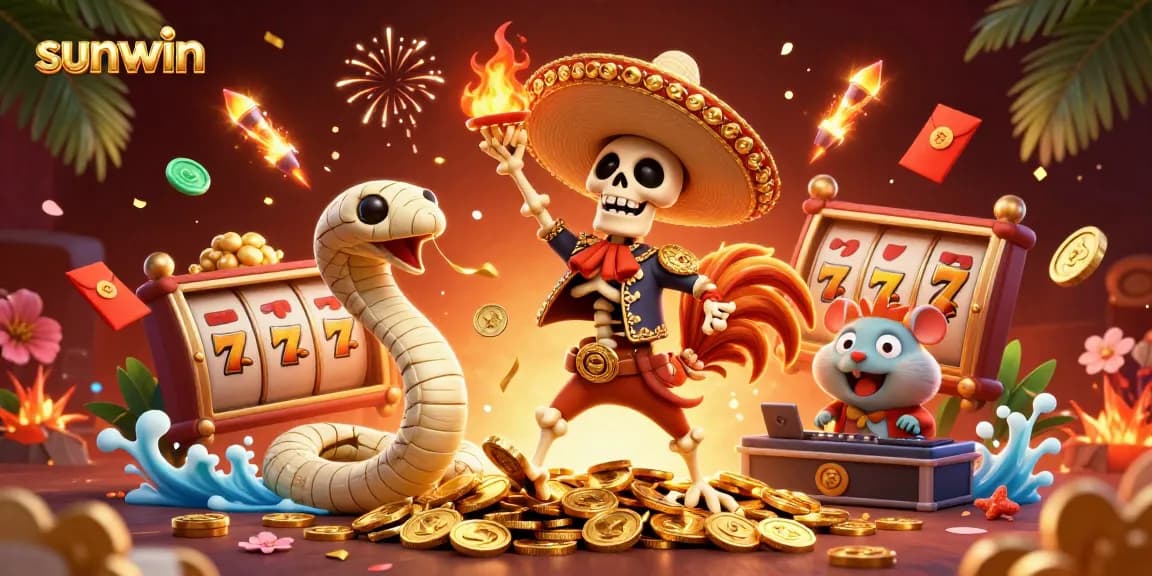 Experience sunwin excitement with a festive scene of gaming characters dancing on golden coins.