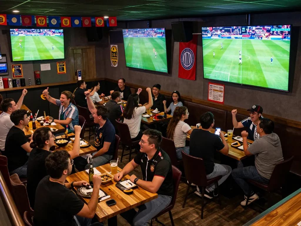 ดูบอล in a lively sports bar atmosphere with fans cheering and multiple screens showing live matches