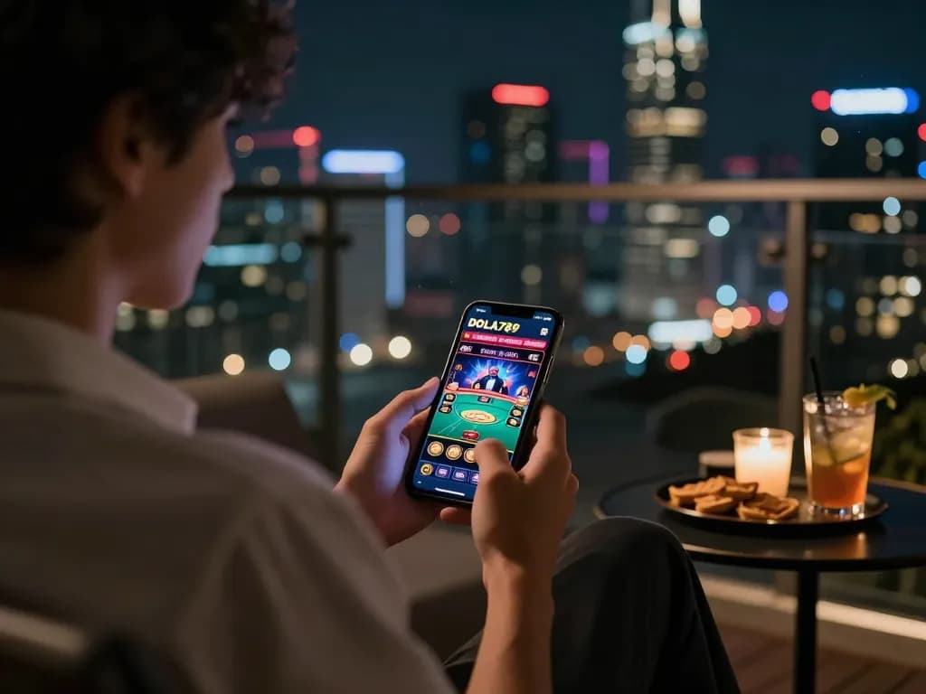 DOLA789 app interface displayed on smartphone during a luxurious online betting session on a balcony.