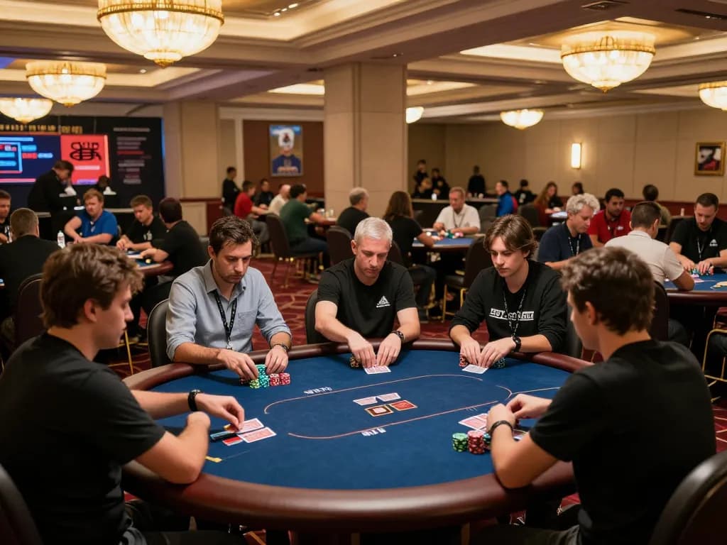 BL555 engaging players at a competitive poker tournament with vibrant atmosphere and professional dealers.