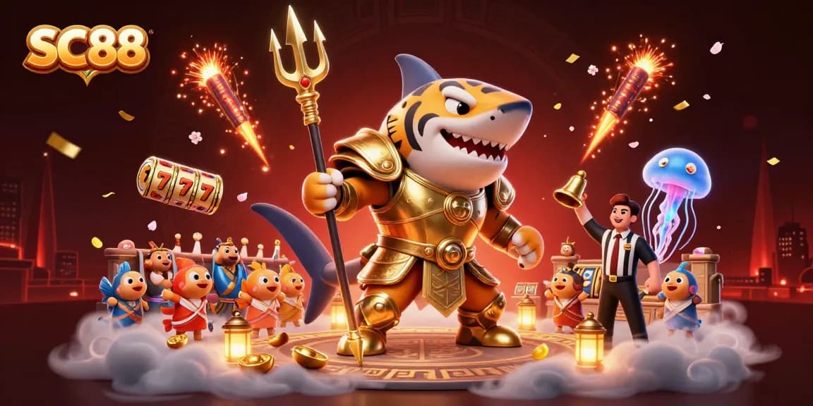 Engage with SC88 as tiger shark gladiators celebrate jackpot wins in vibrant underwater casino scene.