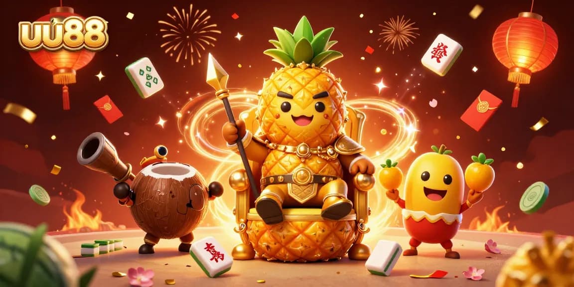 Experience excitement with uu88's 3D casino illustration featuring a tropical king and vibrant game elements.