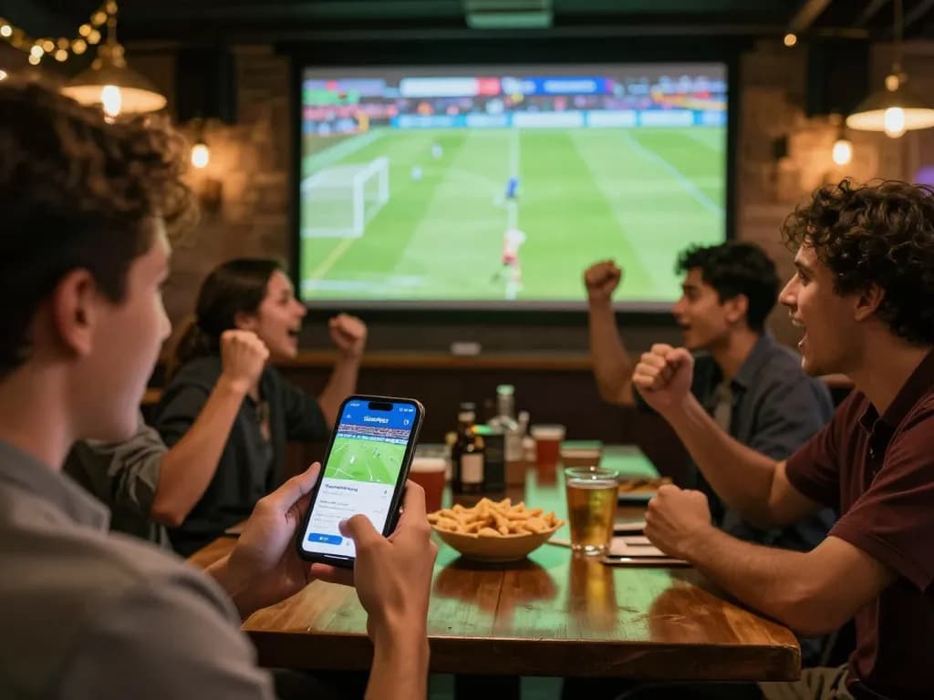 Xoilac bóng đá app shown on a smartphone during an exciting football match, capturing friend’s cheers and engagement.