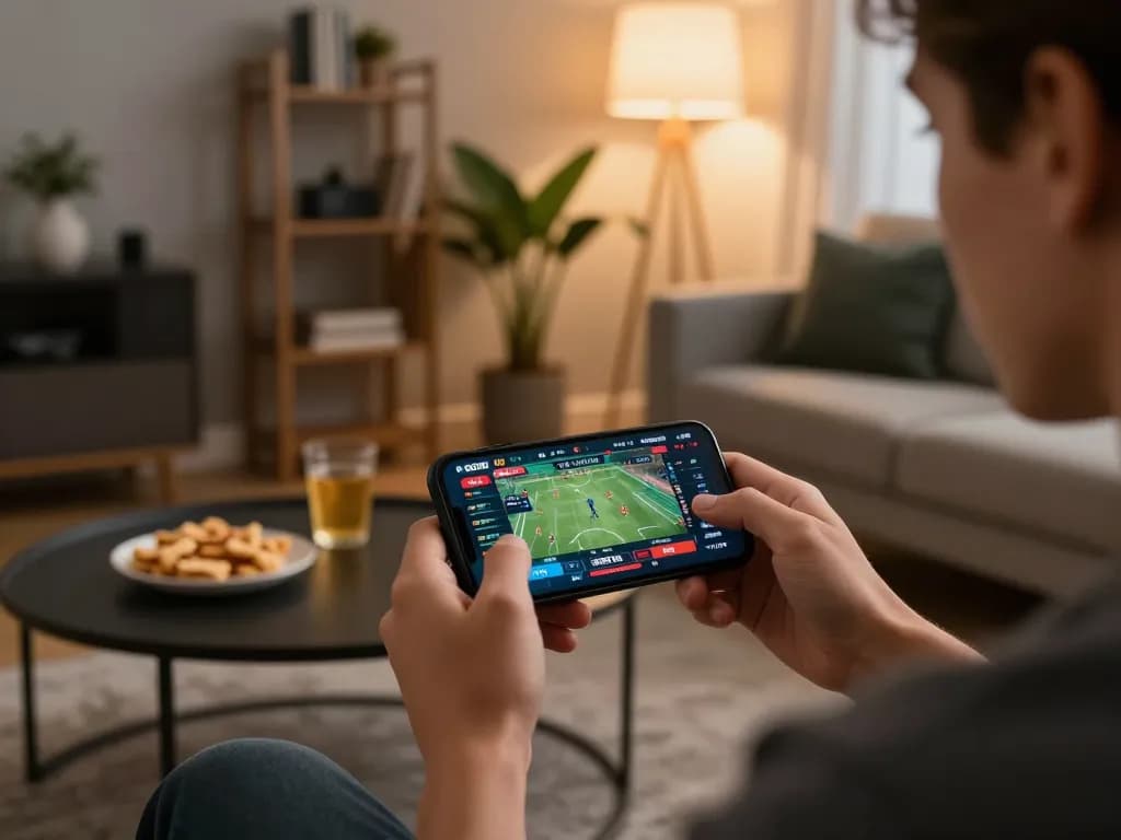 Engaging in sports betting on smartphone with DEBET app in a cozy home setting.