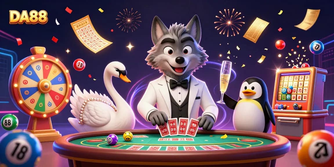 Experience the excitement of DA88 with vibrant gambling elements and characters in a lively casino scene.