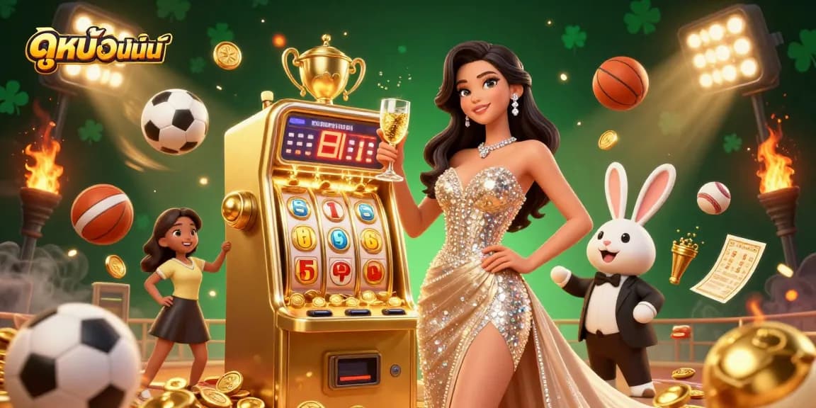 Experience ดูหนังออนไลน์ with a luxurious woman toasting beside a golden jackpot slot machine.