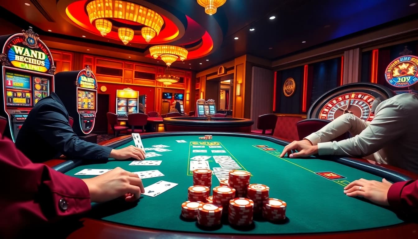 High-stakes players enjoying poker at 68VIP casino with luxury setting and vibrant slot machines.