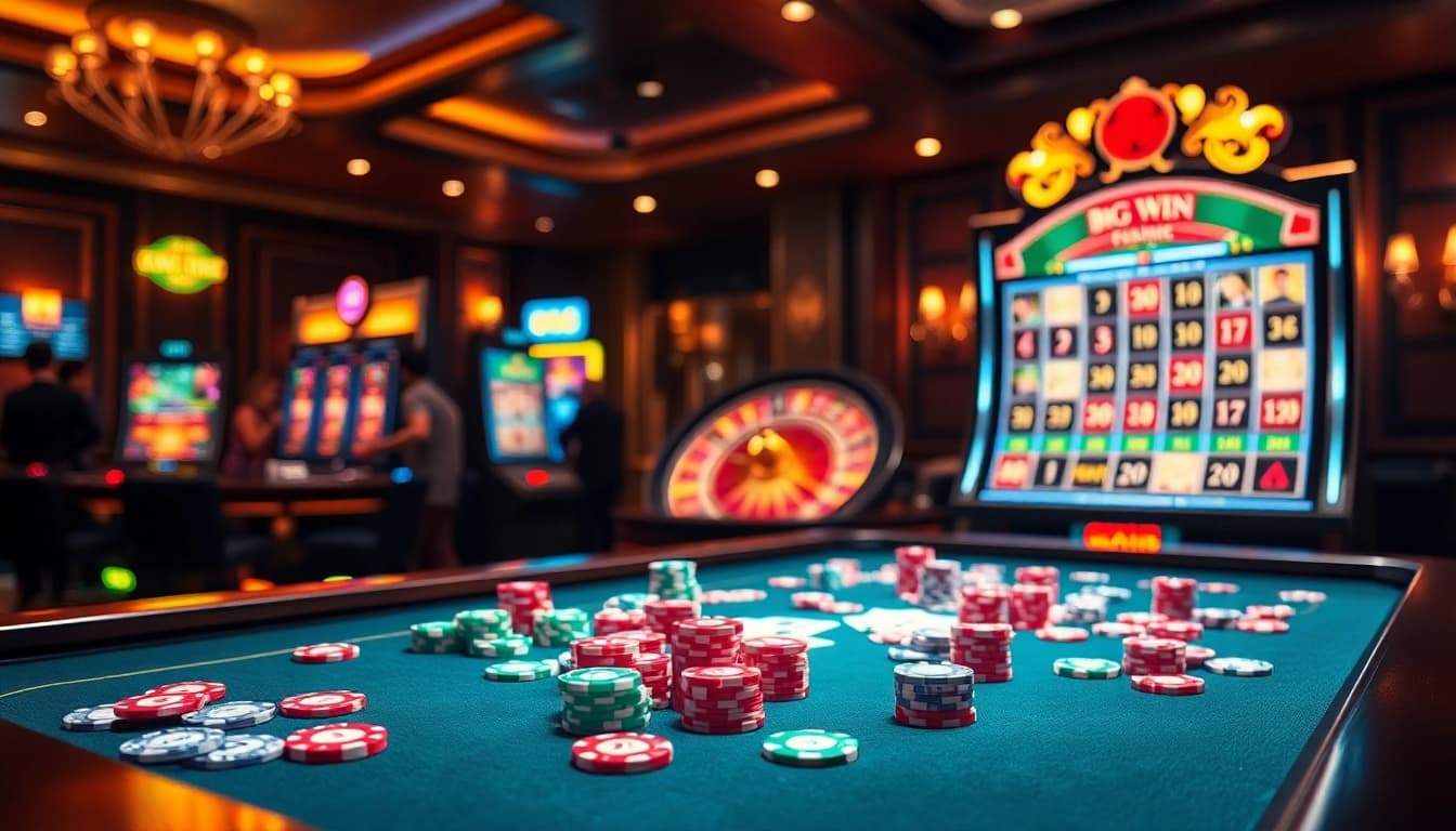 GO8 players celebrating a big win at a luxurious casino table surrounded by vibrant poker chips.