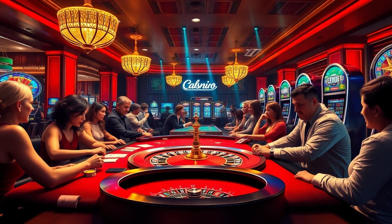A thrilling casino scene depicting players enjoying games at https://lc88app.com/, showcasing vibrant poker tables and slot machines.