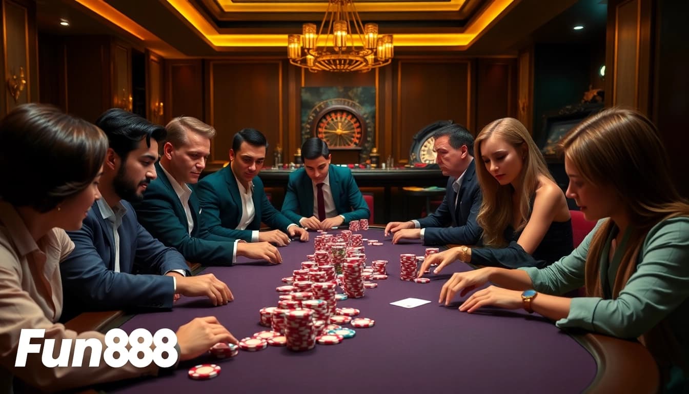Players enjoying high-stakes poker at a luxurious Fun88 casino table, showcasing excitement and professionalism.