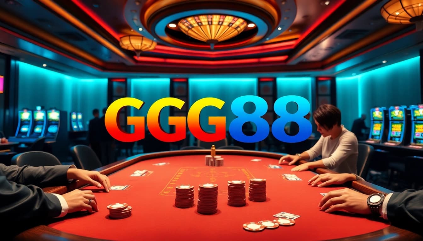 Exciting casino scene with GG88 logo, poker chips, and players at a vibrant table.