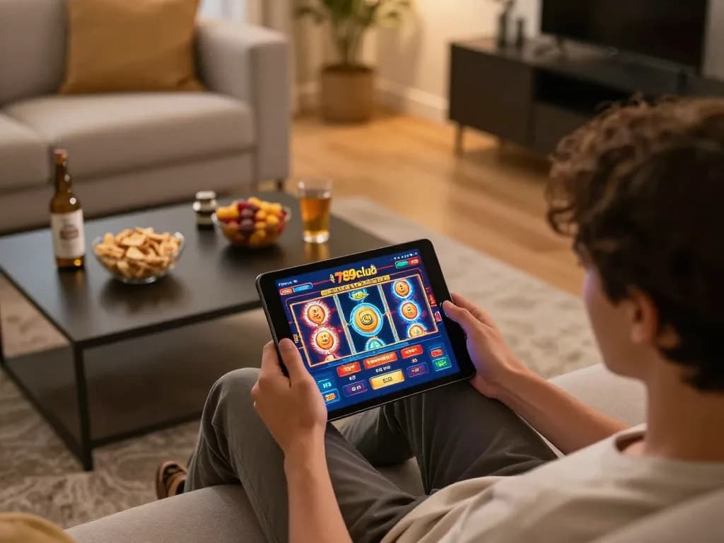 Engaged player experiencing the thrill of 789club casino from home with tablet and snacks
