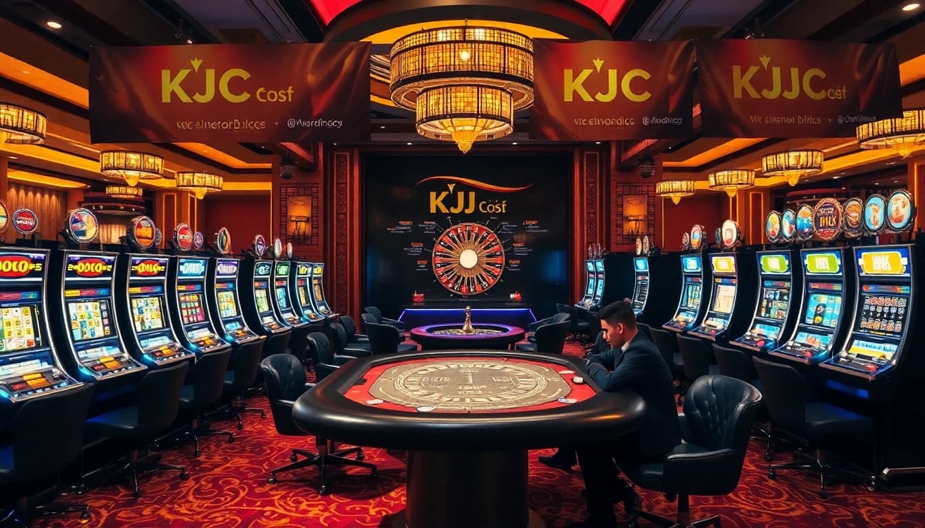 KJC casino scene showcasing poker players engaged in a high-stakes game amidst vibrant slots.