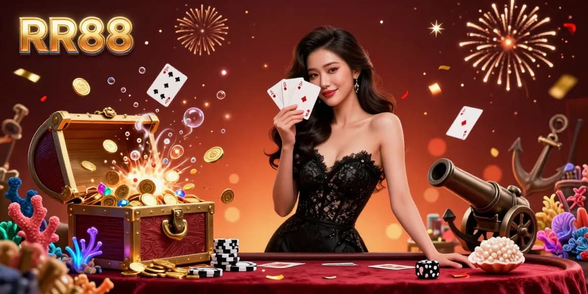 Experience the excitement of RR88 casino with a glamorous Asian dealer holding aces amidst vibrant gaming elements.