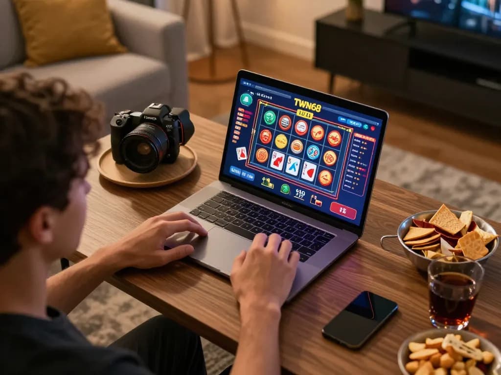 TWIN68 online gaming scene with laptop displaying casino games and snacks creating a cozy atmosphere.