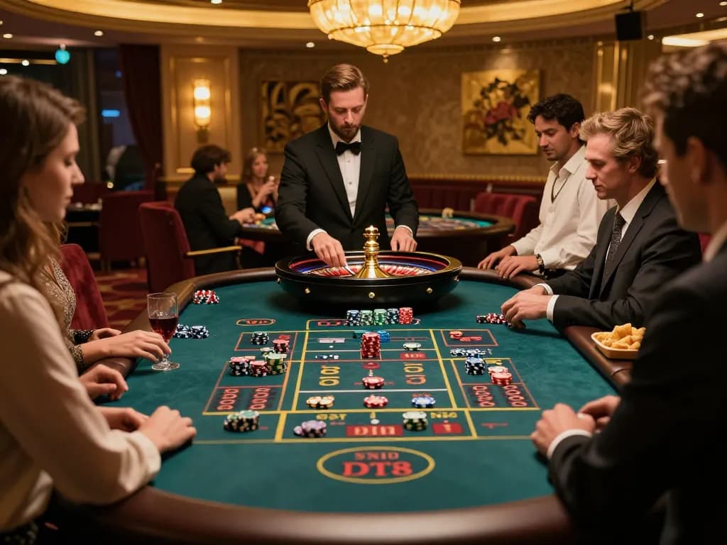Players engaging in a thrilling roulette game at the DT68 casino, showcasing exciting betting moments amidst an elegant atmosphere.