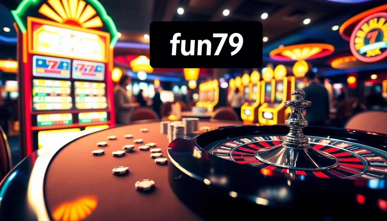 Experience the excitement of casino gaming at fun79, featuring vibrant slot machines and a lively gaming table.