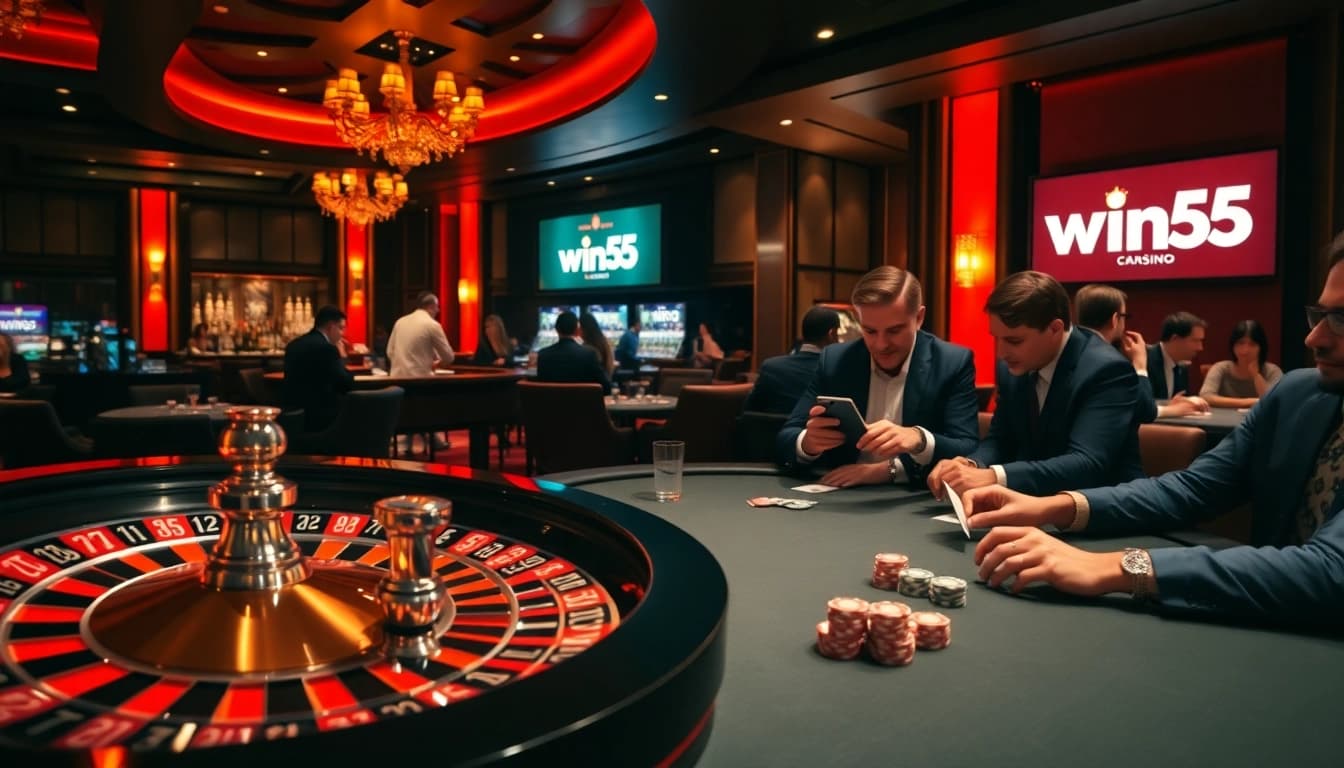 Players enjoying a thrilling game at Win55 casino with vibrant poker chips and roulette.