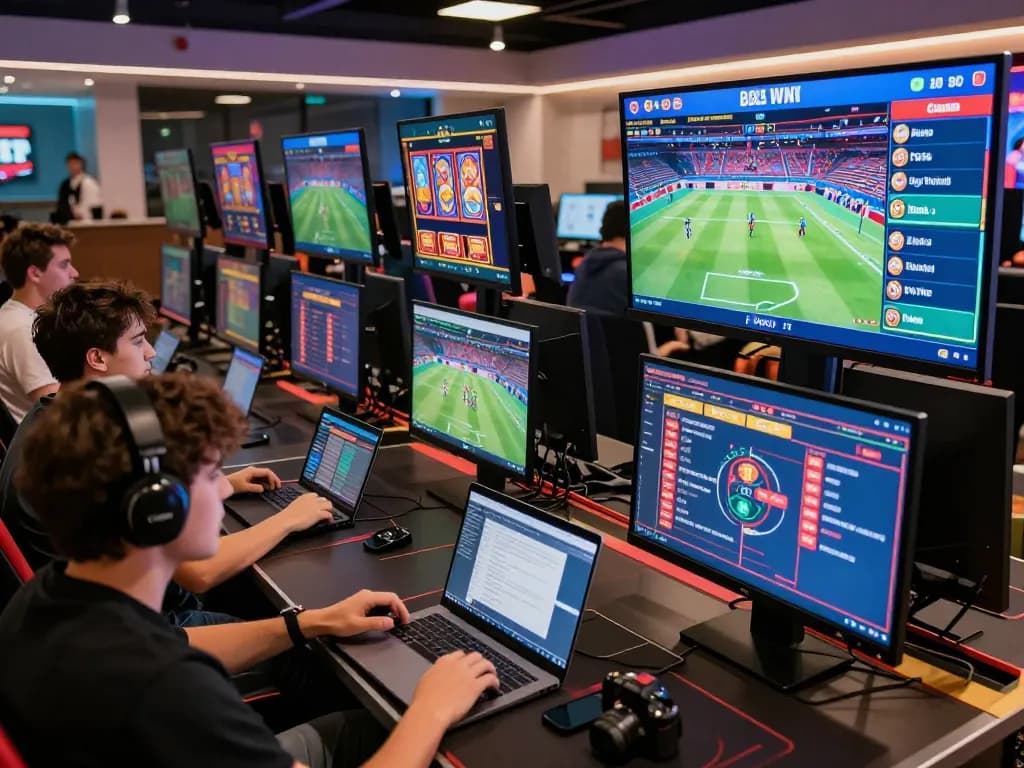 Enthusiastic gamers engaging in VSbet's online betting activities, showcasing excitement and social interaction