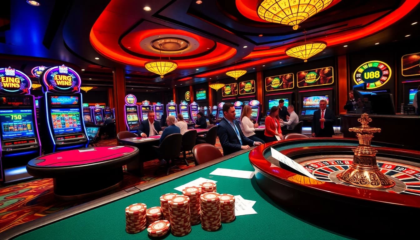 Experience thrilling wins at UU88's vibrant casino games, featuring poker tables and slot machines.