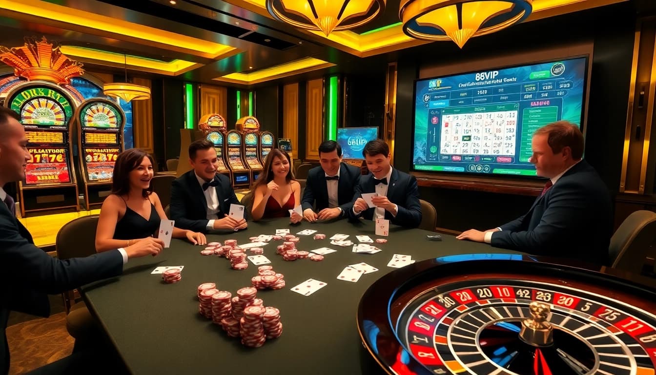 Players enjoying poker at a luxurious casino table, highlighting 68VIP experiences.
