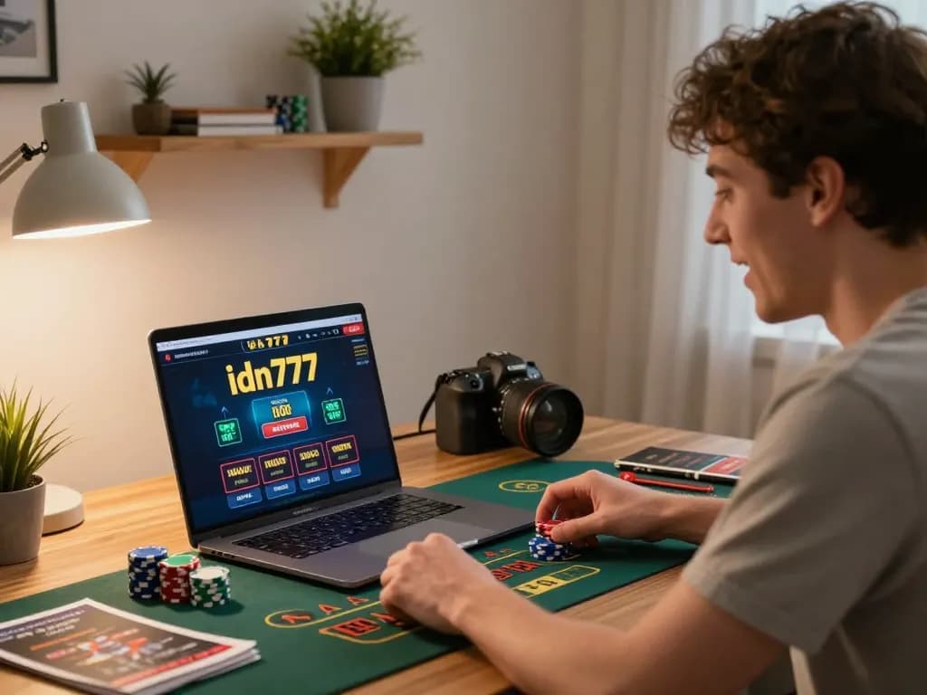 Pemain menikmati permainan kasino langsung di idn777 di rumah dengan panduan strategi dan chip terlihat.