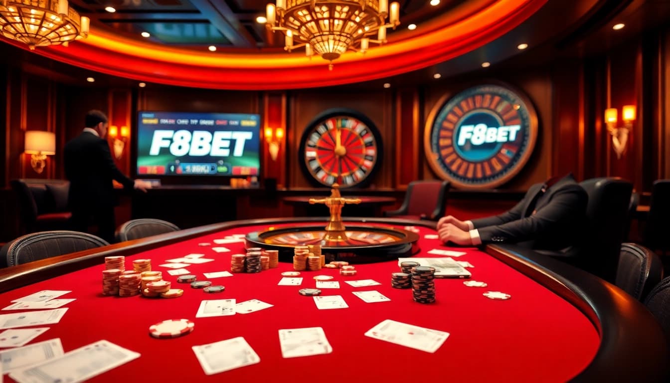 Engage in thrilling gameplay at F8BET's luxurious casino tables, surrounded by excitement and professional gaming action.