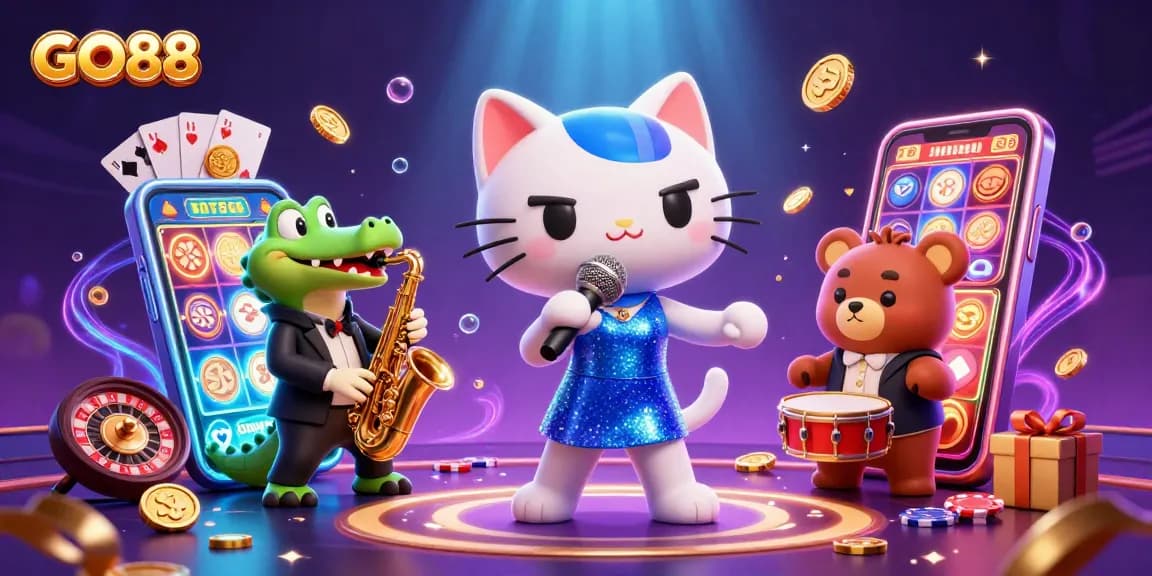 GO88 showcases a vibrant casino scene with a jazzy cat, crocodile, and bear amidst dynamic slot games and golden coins.