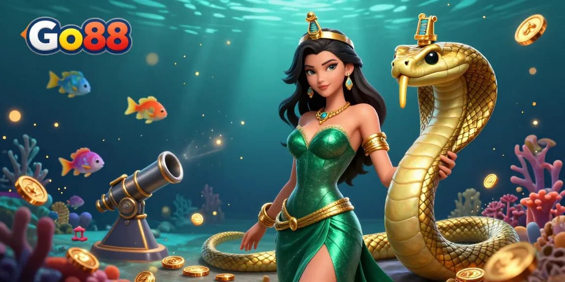 Engage with Go88's thrilling underwater adventure in this vibrant 3D fish shooting illustration.
